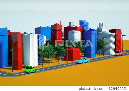 3D graphic illustration of a city model. 3D model of a multi-colored city on a white isolated background. Urban view, 3D graphics 82949925