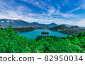 Beautiful landscape of Lake Bled the church island from Ojstrica viewpoint in Bled, Slovenia 82950034