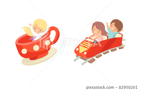 Cute Little Kid Riding Carousel in Amusement Park Vector Set Cute Little Kid Riding Carousel in Amusement Park Vector Set 82950201