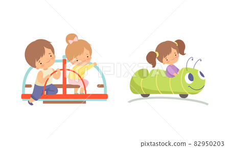 Cute Little Kid Riding Carousel in Amusement Park Vector Set 82950203