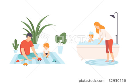 Happy Family with Man and Woman Parent with Kid Spending Good Time Together Playing Toy Car and Bathing in Bathtub Vector Set 82950336