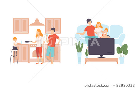 Happy Family with Man and Woman Parent with Kid Spending Good Time Together Watching TV and Cooking Vector Set 82950338