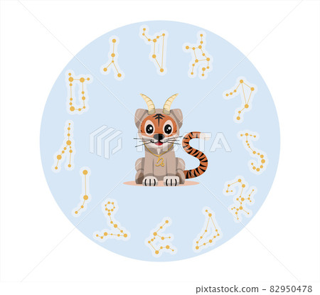 Tiger cub with capricorn zodiac sign Astrological sign icon Vector cartoon illustration Horoscope and Eastern New Year. Tiger cub with capricorn zodiac sign Astrological sign icon Vector cartoon illustration Horoscope and Eastern New Year. 82950478