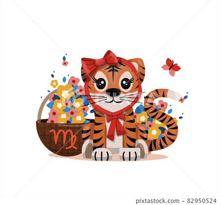 Tiger cub with virgo zodiac sign Astrological sign icon Vector cartoon illustration Horoscope and Eastern New Year. 82950524