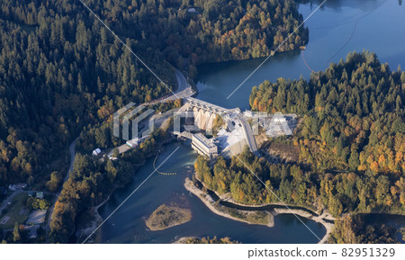 Aerial view from airplane of a water dam by Hayward Lake. Aerial view from airplane of a water dam by Hayward Lake. 82951329