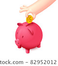 Cartoon hand insert gold dollar coin in piggy bank 82952012