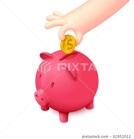Cartoon hand insert gold dollar coin in piggy bank 82952012