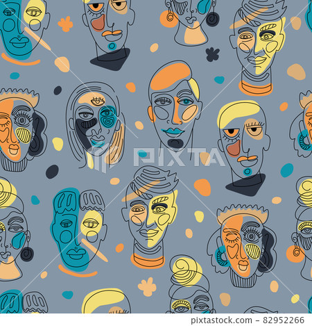 Modern abstract faces. Contemporary female man woman silhouettes. Hand drawn outline trendy illustration. Continuous line, minimalistic concept. Seamless pattern. 82952266