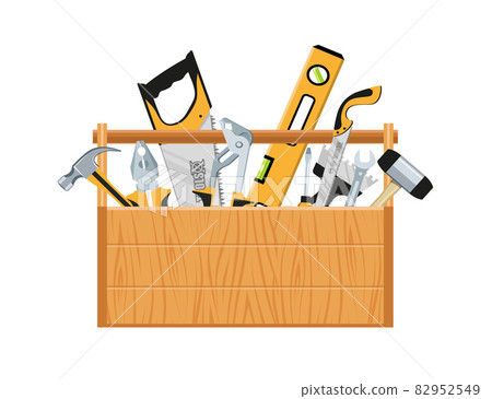 Toolbox with hand tools inside. Workbox with instruments. Building tools. Instruments for renovation. Work tools. Vector graphics to design. 82952549