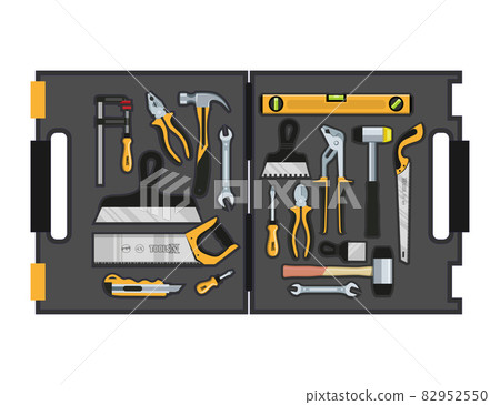 Toolbox with hand tools inside. Workbox with instruments. Building tools. Instruments for renovation. Work tools. Vector graphics to design. 82952550