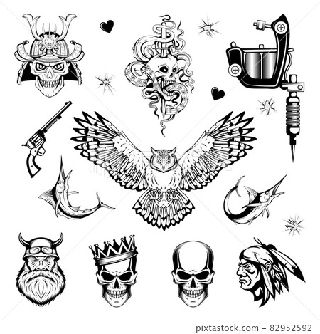 Tattoo art. Black and white tattoo. Drawing on the body. Hand drawn Tattoo set. Vector graphics to design Tattoo art. Black and white tattoo. Drawing on the body. Hand drawn Tattoo set. Vector graphics to design 82952592