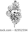 Kraken sea monster tattoo. Sea dagger. Skull open mouth drawing. Emblem tattoo skull. Retro human skull and jaw. Vector graphics to design 82952594