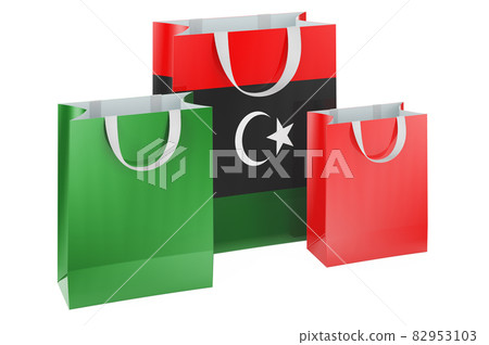 Shopping bags with Libyan flag. Shopping in Libya, concept. 3D rendering Shopping bags with Libyan flag. Shopping in Libya, concept. 3D rendering 82953103