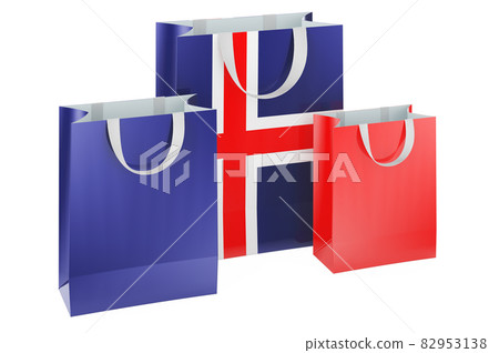 Shopping bags with Icelandic flag. Shopping in Iceland, concept. 3D rendering Shopping bags with Icelandic flag. Shopping in Iceland, concept. 3D rendering 82953138