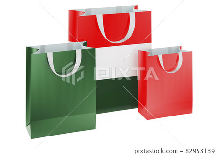 Shopping bags with Hungarian flag. Shopping in Hungary, concept. 3D rendering Shopping bags with Hungarian flag. Shopping in Hungary, concept. 3D rendering 82953139