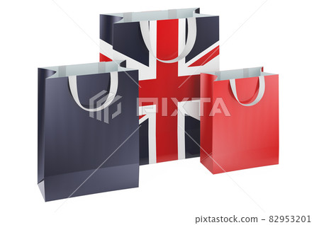 Shopping bags with British flag. Shopping in the Great Britain, concept. 3D rendering 82953201