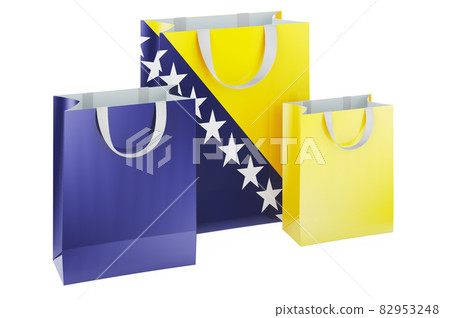 Shopping bags with Bosnian flag. Shopping in Bosnia and Herzegovina, concept. 3D rendering Shopping bags with Bosnian flag. Shopping in Bosnia and Herzegovina, concept. 3D rendering 82953248