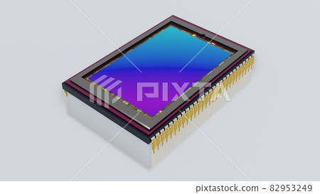 Sensor of modern digital camera. top side view, iridescent matrix surface, isolated on white 82953249