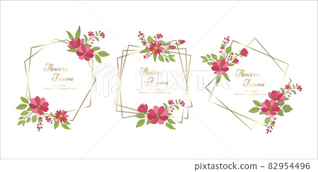 Red flower and golden decorative frame 3-piece set - Stock Illustration ...