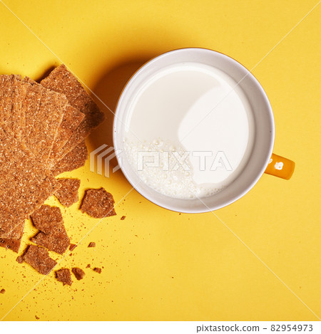 Healthy food. Flat lay, top view. Glass of milk 82954973