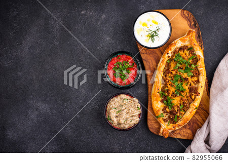 Traditional Turkish pide with meat 82955066