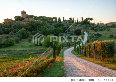 Tuscany, Italy. August 2020. Amazing landscape of the Tuscan countryside with the typical rolling hills and cypresses to mark the boundaries. In evidence the farm. 82955543