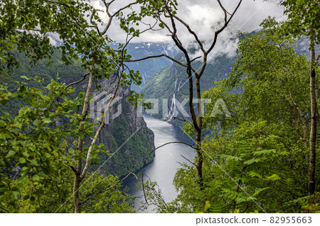 View over Geiranger fjord and Seven Sisters waterfall from Ornesvingen-Eagle view point in summer 82955663