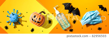 Masks and sanitizer bottle with Halloween objects Masks and sanitizer bottle with Halloween objects 82956503