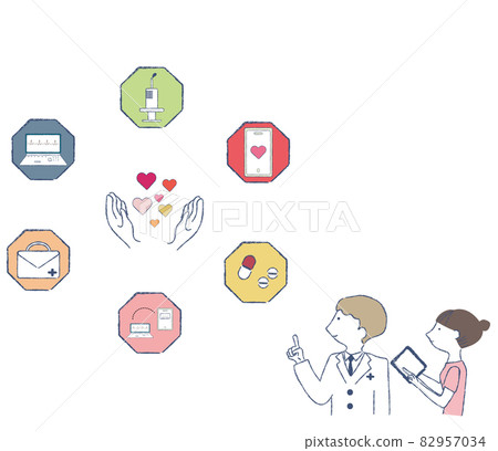Diagrams and medical professionals with the image of IT and AI 82957034