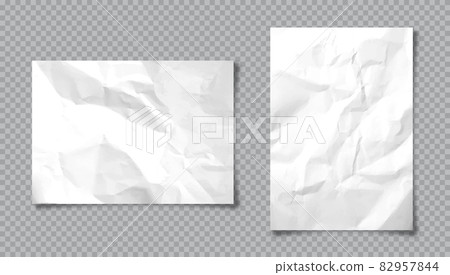 Realistic blank crumpled paper sheets in A4 size with shadow on checkered background. White notebook 82957844