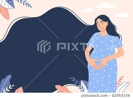 Pregnancy background. Flat happy smiling pregnant woman waiting for baby birth holding belly. Cute Caucasian expectant girl with heart hand gesture. Banner design with text space illustration. Pregnancy background. Flat happy smiling pregnant woman waiting for baby birth holding belly. Cute Caucasian expectant girl with heart hand gesture. Banner design with text space illustration. 82958339