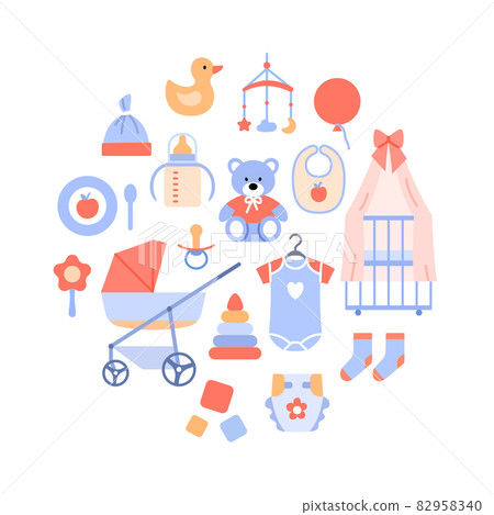 Baby background circle concept isolated on white. Flat kids accessories icons set. Clothes crib stroller diaper toy rattle elements design for baby shower greeting card, shop Color illustration Baby background circle concept isolated on white. Flat kids accessories icons set. Clothes crib stroller diaper toy rattle elements design for baby shower greeting card, shop Color illustration 82958340