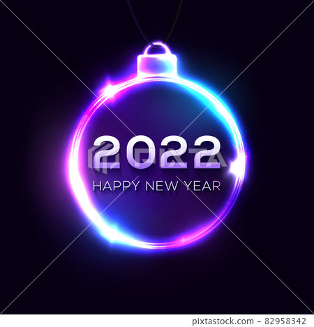 Happy New Year 2022 neon light sign on dark blue background. Christmas decoration glowing frame with shining celebrating text. Greeting card, banner night club design. Bright illustration. Happy New Year 2022 neon light sign on dark blue background. Christmas decoration glowing frame with shining celebrating text. Greeting card, banner night club design. Bright illustration. 82958342