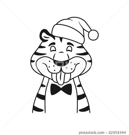 Teasing cheerful line tiger shows tongue portrait isolated on white background. Happy playful smiling cartoon wildcat in Santa hat. Black white outline Christmas illustration for coloring page. Teasing cheerful line tiger shows tongue portrait isolated on white background. Happy playful smiling cartoon wildcat in Santa hat. Black white outline Christmas illustration for coloring page. 82958344