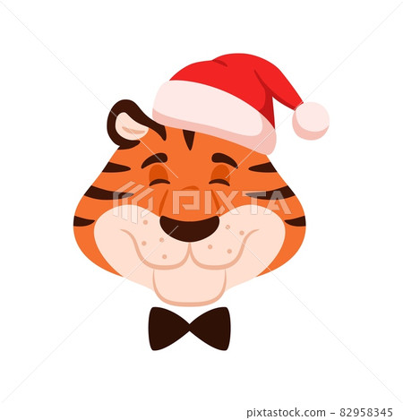 Cute smiling cartoon tiger head isolated on white background. Flat happy character face in Santa hat. Chinese New Year adorable symbol. Comic striped wildcat portrait. Christmas illustration. 82958345
