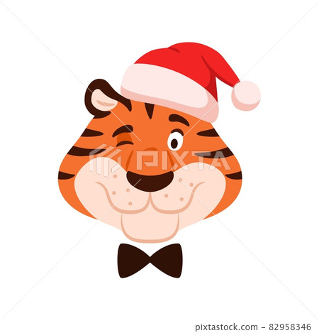 Cute winking tiger head isolated on white background. Cartoon striped color happy character portrait in Santa hat. Adorable Chinese New Year symbol. Christmas holiday flat wildcat illustration. Cute winking tiger head isolated on white background. Cartoon striped color happy character portrait in Santa hat. Adorable Chinese New Year symbol. Christmas holiday flat wildcat illustration. 82958346