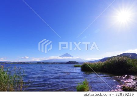 Mt. Fuji and the blue sky seen from the shore of Lake Kawaguchi 82959239
