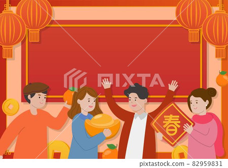 農曆春節與朋友家人快樂的慶祝,卡通漫畫向量的橫式海報,文字翻譯:春 農曆春節與朋友家人快樂的慶祝,卡通漫畫向量的橫式海報,文字翻譯:春 82959831