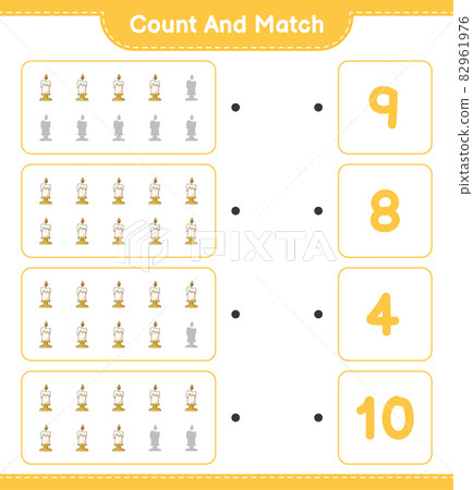 Count and match, count the number of Candle and match with the right numbers. Educational children game, printable worksheet, vector illustration Count and match, count the number of Candle and match with the right numbers. Educational children game, printable worksheet, vector illustration 82961976