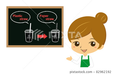 A female cafe clerk who guides you to change to a paper straw with a black board A female cafe clerk who guides you to change to a paper straw with a black board 82962192