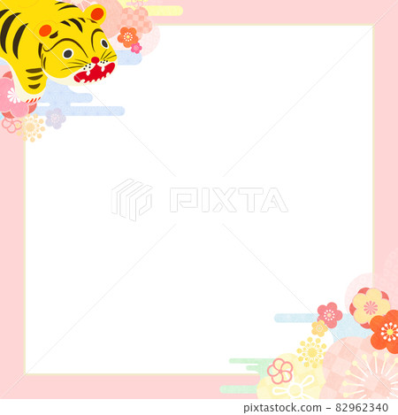 Japanese style background with cute tiger and floral pattern 82962340