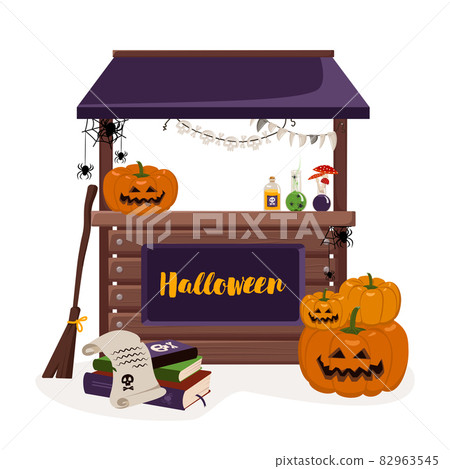 Stall counter for fall Halloween holiday with lanterns, pumpkins, books, and witch items. Festive decoration with horror elements Stall counter for fall Halloween holiday with lanterns, pumpkins, books, and witch items. Festive decoration with horror elements 82963545