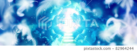 White feathers flying in the blue sky and cloud stairs leading to glittering heaven White feathers flying in the blue sky and cloud stairs leading to glittering heaven 82964244
