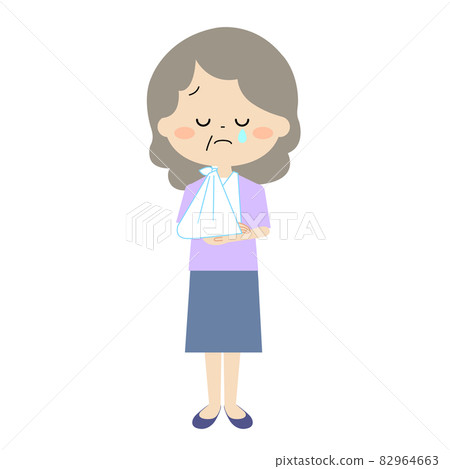 An elderly woman who seems to be anxious due to an injury to her upper limbs An elderly woman who seems to be anxious due to an injury to her upper limbs 82964663