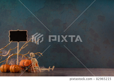 Halloween skeletons having Spooky party with pumpkin and spider Halloween skeletons having Spooky party with pumpkin and spider 82965215