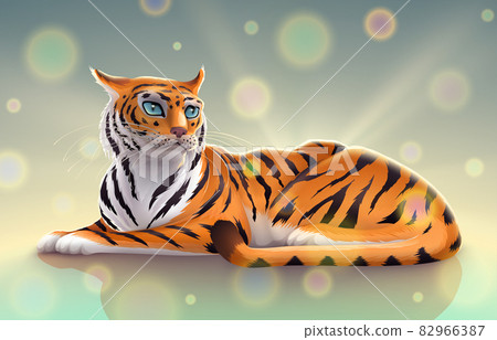 Cute striped orange tiger with blue eyes art. Beautiful cat with yellow golden hair drawing as a symbol of the New Year. Animal illustration in vector. 82966387