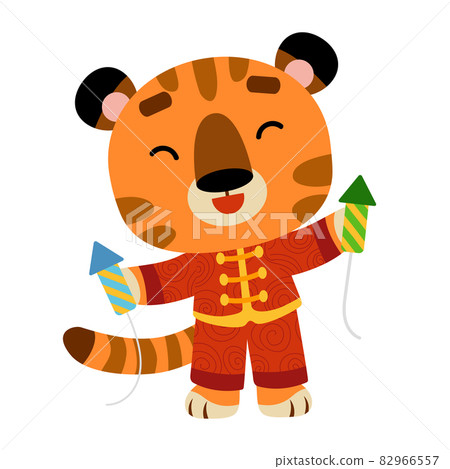 Cartoon vector illustration for children. Tiger and fireworks 82966557