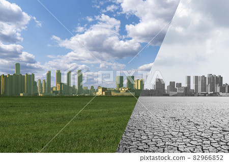 Collage of City with green field and blue sky and City with desert and grey sky.  82966852