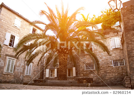 Old Town Budva, Montenegro. We see house and a tall palm. Sun flare Old Town Budva, Montenegro. We see house and a tall palm. Sun flare 82968154