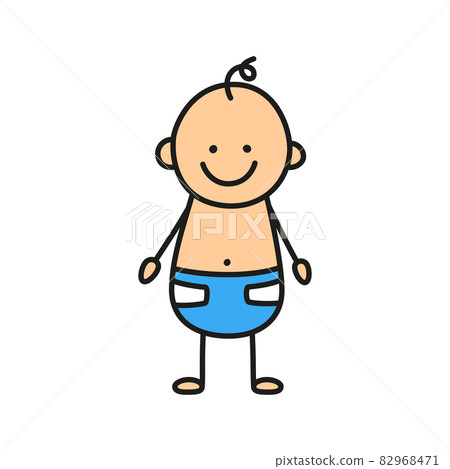 Happy doodle baby in a diaper. Hand drawn figure of small child. Little toddler. Vector color illustration isolated in doodle style on white background Happy doodle baby in a diaper. Hand drawn figure of small child. Little toddler. Vector color illustration isolated in doodle style on white background 82968471